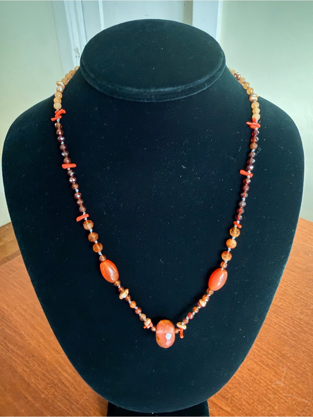 Handmade Artisan Orange Earth Tone Mixed Gemstone Beaded Necklace